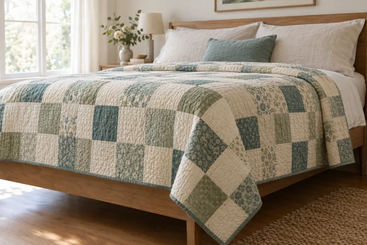 A patchwork quilt in cream, sage and teal on a made bed, hanging over the side of the mattress